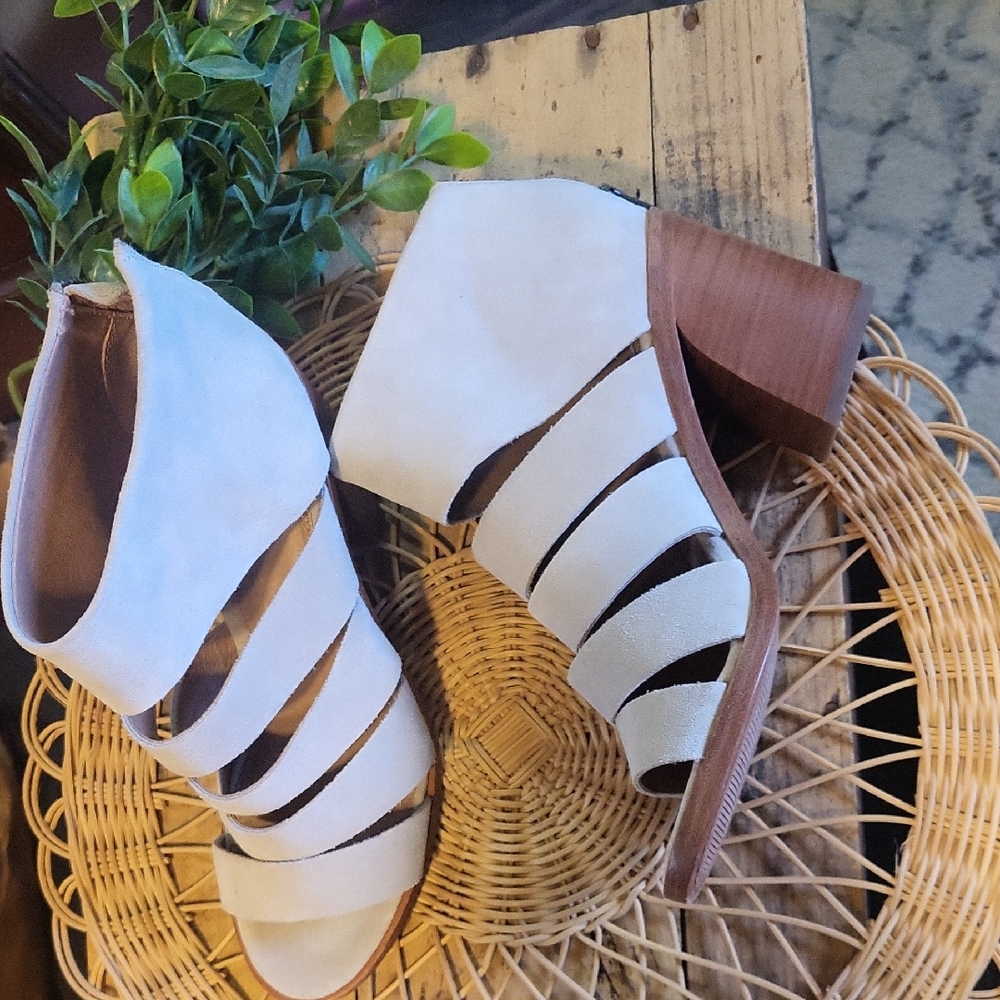 Frye Chic Soft Grey Strappy Block Heels